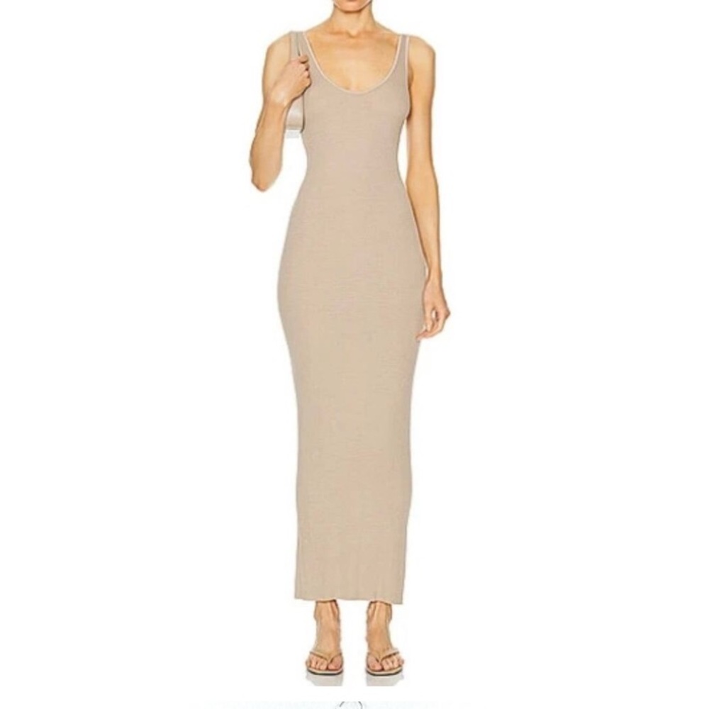 ENZA COSTA Silk Rib maxi Tank Dress Womens Small Tan Long Scoop Stretch NEW